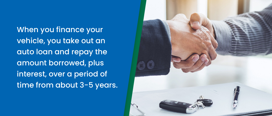 When you finance a vehicle, you take out an auto loan and repay the amount borrowed, plus interest, over a period of time from about 3 - 5 years - image of a borrower and a lender shaking hands